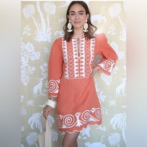 ASHA Linen Orange and White Embroidered Dress